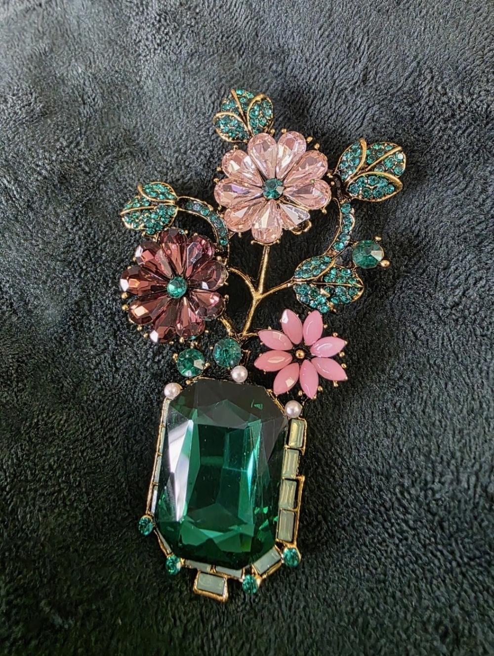 Vintage Style Floral Bouquet Brooch with Emerald Cut Crystal